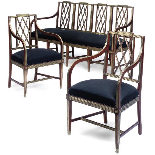 A RUSSIAN BRASS-MOUNTED MAHOGANY THREE PIECE SALON SUITE