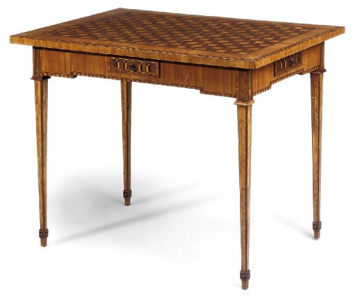 A FRUITWOOD, TULIPWOOD AND PARQUETRY CENTRE TABLE