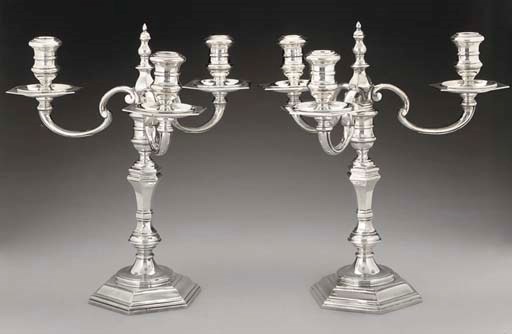 A PAIR OF MODERN SILVER CAST 3-LIGHT CANDELABRA IN GEORGE I STYLE,