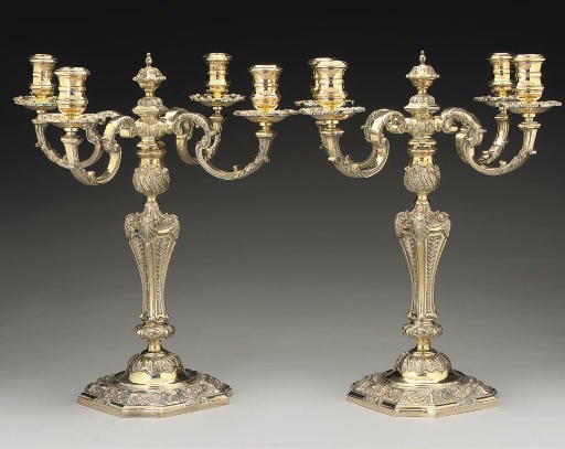 A PAIR OF MODERN SILVER-GILT CAST 4-BRANCH CANDELABRA IN THE MANNER OF PAUL DE LAMERIE,