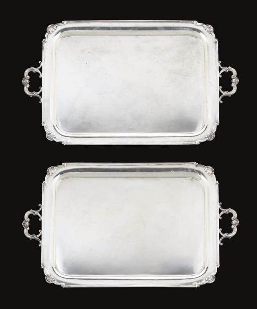 A PAIR OF SILVER TWO-HANDLED TRAYS,