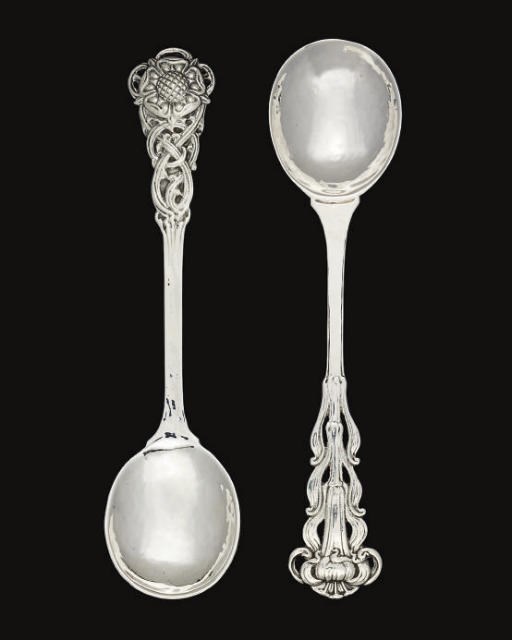 A MATCHED PAIR OF ARTS & CRAFTS SILVER SPOONS,