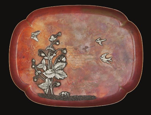 A LATE 19TH CENTURY AMERICAN RED-PATINATED COPPER DRESSING TABLE TRAY WITH APPLIED SILVER DECORATION,