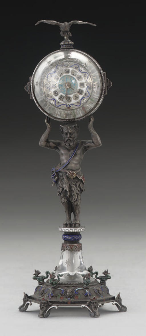 A LATE 19TH CENTURY VIENNESE SILVER, ROCK-CRYSTAL & ENAMEL FIGURAL TIMEPIECE,