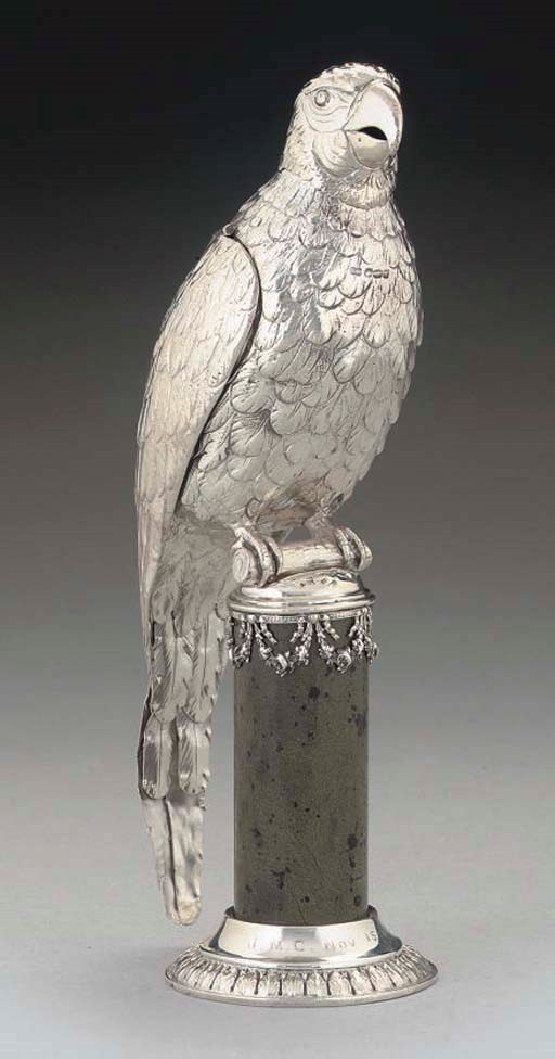 AN EARLY 20TH CENTURY GERMAN SILVER PARROT,