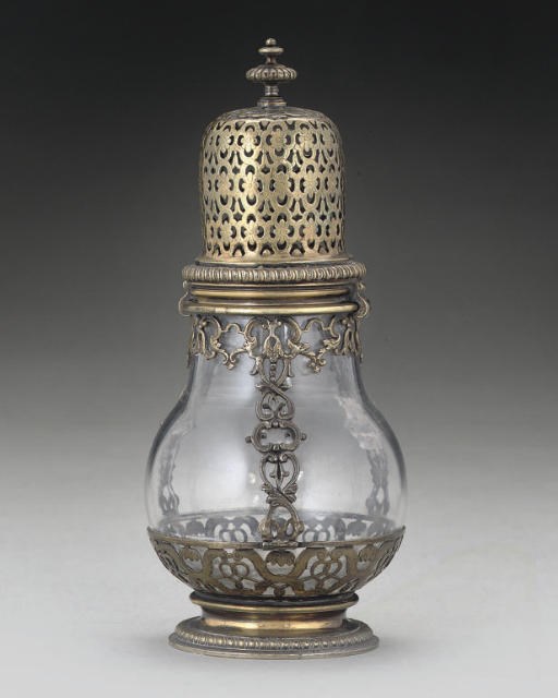 AN 18TH CENTURY SILVER-GILT MOUNTED GLASS SUGAR CASTER,