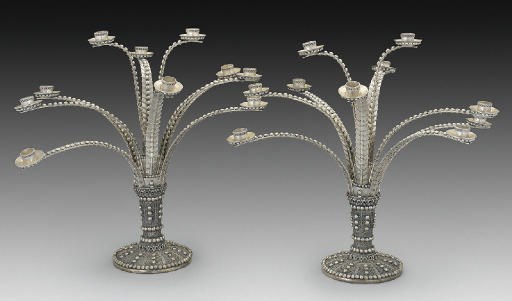 A PAIR OF 20TH CENTURY ITALO-LIBYAN METALWARE TEN-BRANCH CANDELABRA,