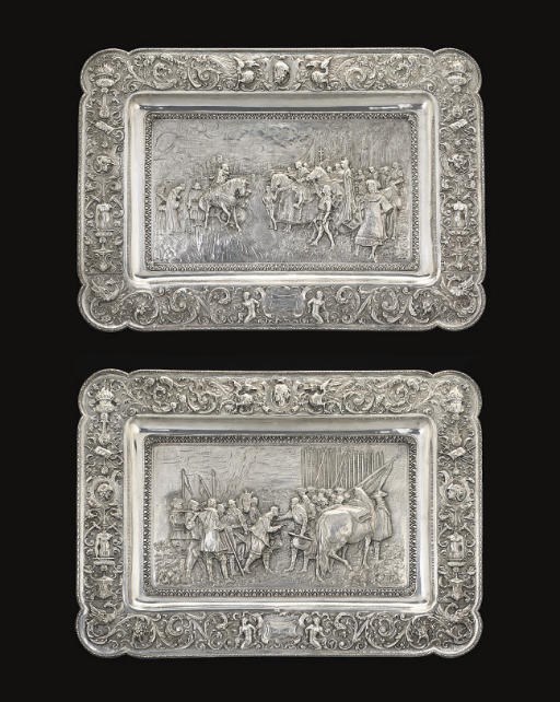 A PAIR OF DECORATIVE METALWARE TRAYS,