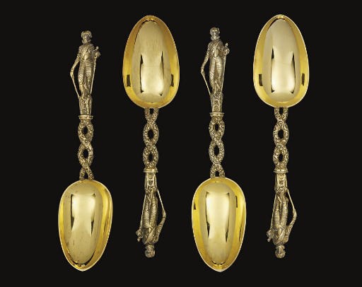 A SET OF FOUR VICTORIAN SILVER-GILT FIGURAL SPOONS,