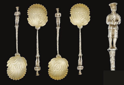 HENRY MORTON STANLEY:- A SET OF FOUR VICTORIAN PARCEL-GILT COMMEMORATIVE FRUIT-SERVING SPOONS,