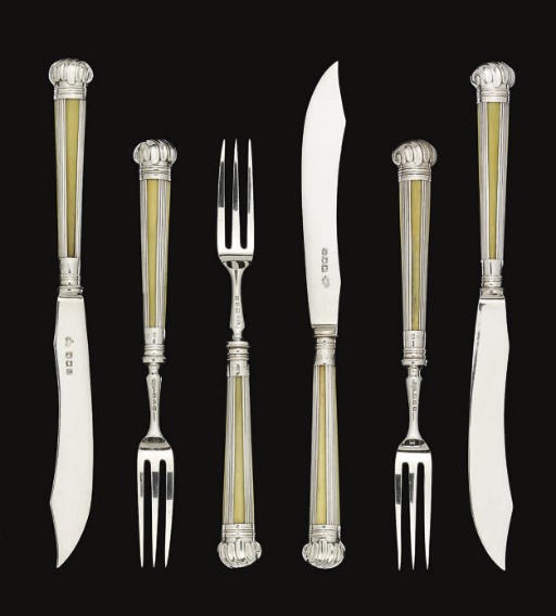 TWELVE PAIRS OF SILVER FRUIT KNIVES & FORKS WITH SILVER-MOUNTED IVORY HANDLES,