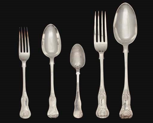 A VICTORIAN SILVER PART TABLE SERVICE OF SINGLE-STRUCK KINGS PATTERN FLATWARE,