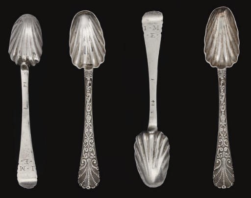A SET OF FOUR GEORGE II CHANNEL ISLANDS SILVER TEASPOONS,