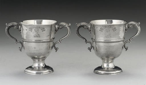 A PAIR OF GEORGE III IRISH SILVER TWO-HANDLED CUPS,