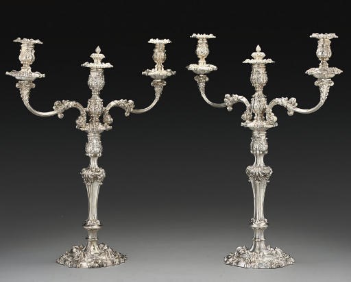 A PAIR OF GEORGE III SILVER 3-LIGHT CANDELABRA,