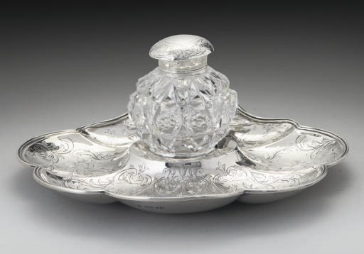 A VICTORIAN SILVER SINGLE BOTTLE INKSTAND,