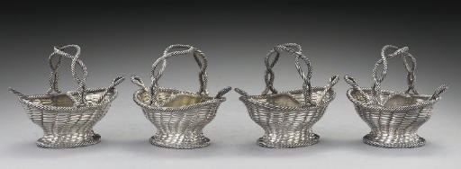 A SET OF FOUR VICTORIAN SILVER SALTS IN THE FORM OF BASKETS,