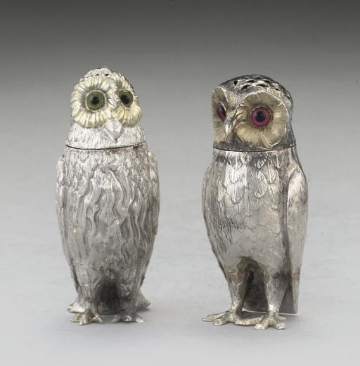 TWO VICTORIAN SILVER OWL CONDIMENTS,