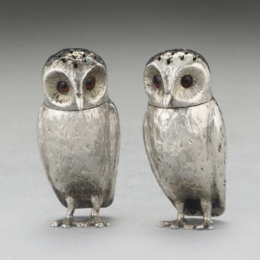 A PAIR OF VICTORIAN SILVER OWL CONDIMENTS,