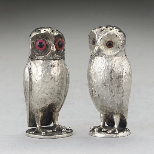 TWO VICTORIAN SILVER OWL CONDIMENTS,
