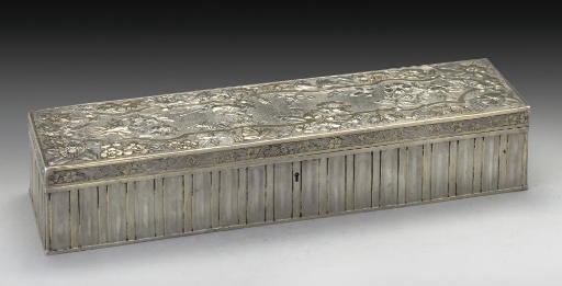 A LARGE VICTORIAN PARCEL-GILT SILVER PRESENTATION BOX,