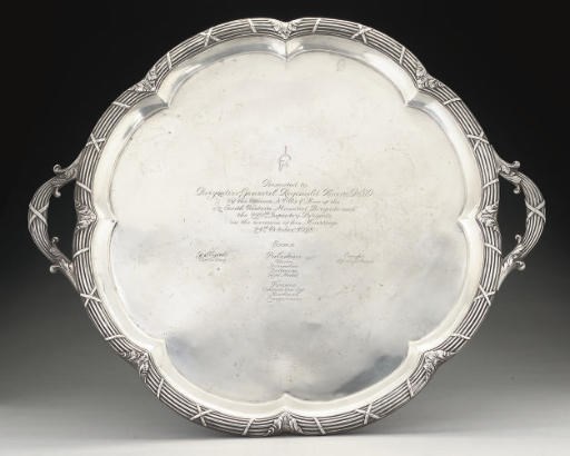 GREAT WAR MILITARY INTEREST:- A VICTORIAN SILVER TWO-HANDLED TRAY,