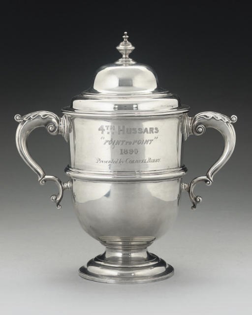 MILITARY INTEREST:- A VICTORIAN SILVER TWO-HANDLED CUP & COVER IN GEORGE II STYLE,