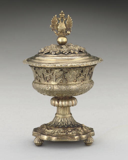 A SMALL 19TH CENTURY RUSSIAN SILVER-GILT CUP & ASSOCIATED COVER,