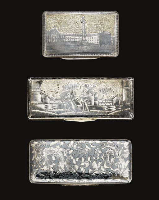 A GROUP OF THREE 19TH CENTURY RUSSIAN SILVER & NIELLO SNUFF BOXES,