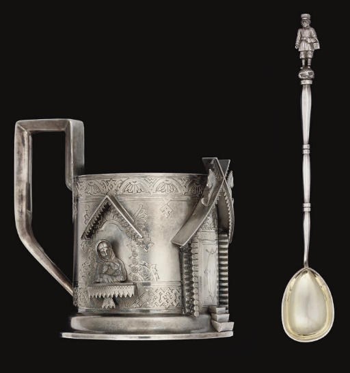 A LATE 19TH CENTURY RUSSIAN SILVER LEMON-TEA GLASS HOLDER OF ARCHITECTURAL FORM,