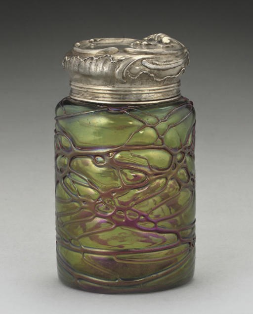 A BOHEMIAN ART NOUVEAU GREEN IRRIDESCENT GLASS CANISTER WITH RUSSIAN SILVER-GILT MOUNTS,