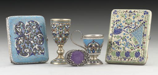 A GROUP OF FIVE RUSSIAN SILVER OR SILVER-GILT & ENAMEL ITEMS,