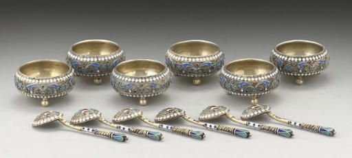 A SET OF SIX SMALL LATE 19TH CENTURY RUSSIAN SILVER-GILT & CLOISONNE ENAMEL SALTS WITH ORIGINAL SALT SPOONS,
