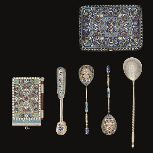 A GROUP OF RUSSIAN SILVER OR SILVER-GILT & CLOISONNE ENAMEL ITEMS,
