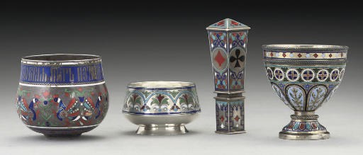 A GROUP OF FOUR LATE 19TH CENTURY RUSSIAN SILVER & CHAMPLEVE ITEMS,