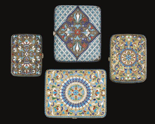A GROUP OF TWO RUSSIAN SILVER-GILT & CLOISONNE ENAMEL CIGARETTE CASES & TWO PURSES SIMILAR,