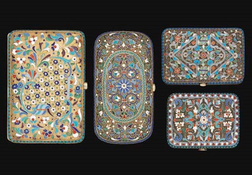 A GROUP OF TWO RUSSIAN SILVER-GILT & CLOISONNE ENAMEL CIGARETTE CASES & TWO PURSES SIMILAR,
