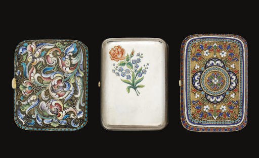 A GROUP OF TWO SMALL RUSSIAN SILVER-GILT & ENAMEL CIGARETTE CASES & ONE PURSE,