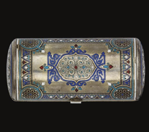 A 19TH CENTURY RUSSIAN SILVER & CHAMPLEVE ENAMEL CYLINDRICAL CIGARETTE CASE,