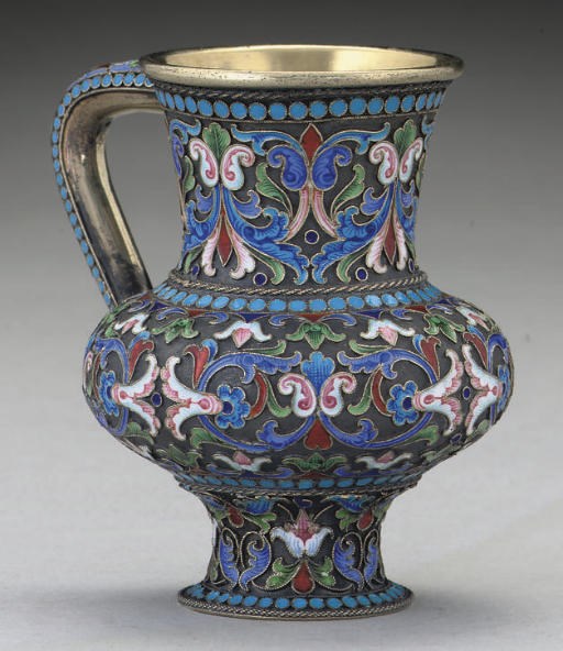 A SMALL LATE 19TH CENTURY RUSSIAN SILVER-GILT & CLOISONNE ENAMEL JUG OF PITCHER FORM,
