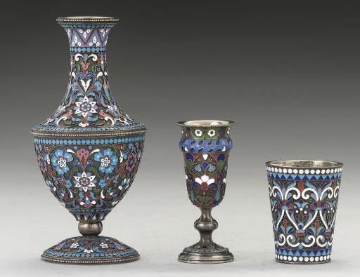 A LATE 19TH CENTURY RUSSIAN SILVER-GILT & CLOISONNE ENAMEL VASE,