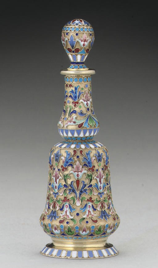 A LATE 19TH CENTURY RUSSIAN SILVER-GILT & CLOISONNE ENAMEL SCENT BOTTLE,