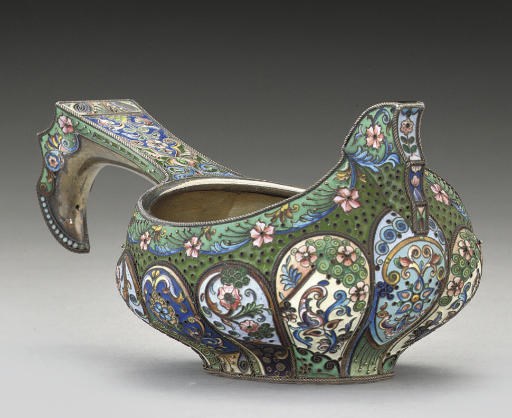A RUSSIAN SILVER-GILT & SHADED CLOISONNE ENAMEL KOVSH,