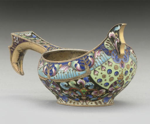 A RUSSIAN SILVER-GILT & SHADED CLOISONNE ENAMEL KOVSH,