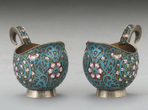 A PAIR OF SMALL RUSSIAN SIVER-GILT & CLOISONNE ENAMEL KOVSHI,
