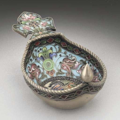 A SMALL RUSSIAN SILVER-GILT & CLOISONNE ENAMEL KOVSH,