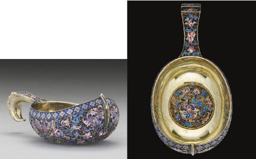 A LATE 19TH/EARLY 20TH CENTURY RUSSIAN SILVER-GILT & SHADED CLOISONNE ENAMEL KOVSH,