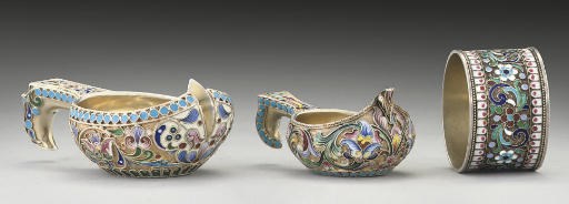 TWO SMALL RUSSIAN SILVER-GILT & CLOISONNE ENAMEL KOVSHI,