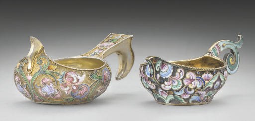 TWO SMALL RUSSIAN SILVER-GILT & SHADED POLYCHROME CLOISONNE ENAMEL KOVSHI,