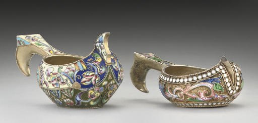 TWO SMALL RUSSIAN SILVER-GILT & CLOISONNE ENAMEL KOVSHI,